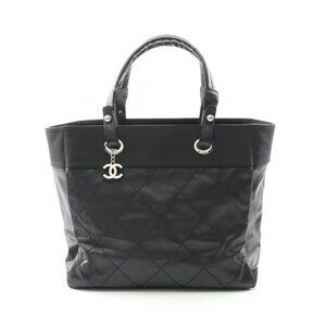 Chanel Tote Paris Biarritz MM Black Canvas Leather